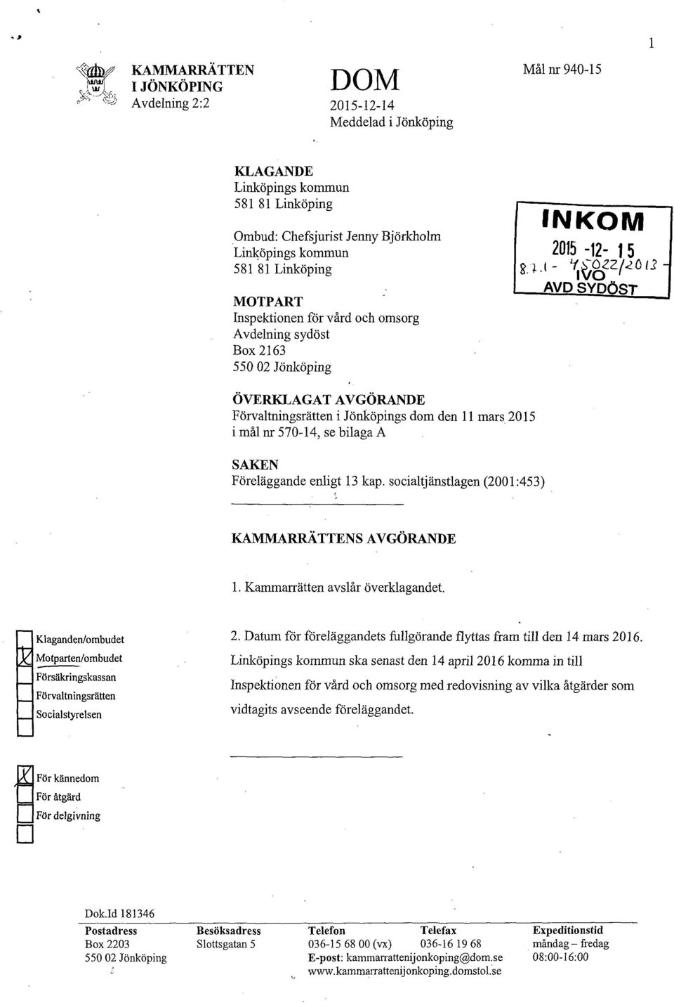 Förvaltningsrätten i Jönköpings dom den 11 mars,2015 i mål nr 570-14, se bilaga A SAKEN Föreläggande enligt 13 kap. socialtjänstlagen (2001:453) _ KAMMARRÄTTENS AVGÖRANDE 1.