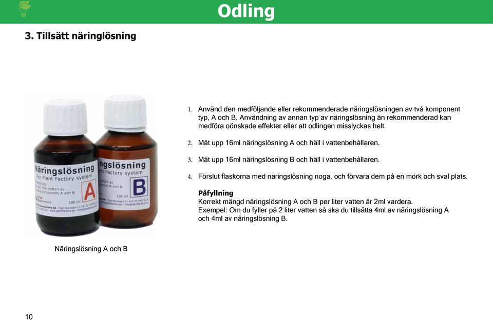 Mät upp 16ml näringslösning A och häll i vattenbehållaren. 3. Mät upp 16ml näringslösning B och häll i vattenbehållaren. 4.