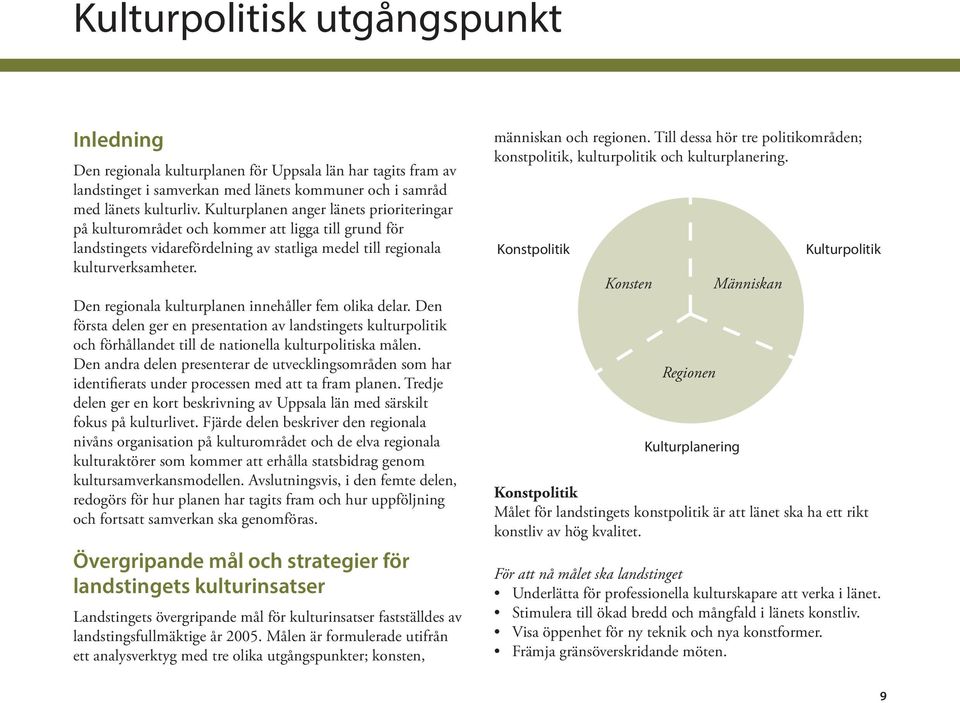 Den regionala kulturplanen innehåller fem olika delar. Den första delen ger en presen tation av landstingets kulturpolitik och förhållandet till de nationella kulturpolitiska målen.