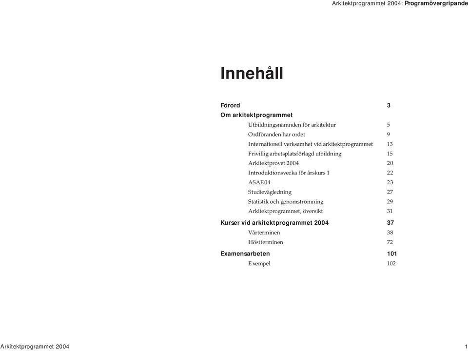 Arkitektprovet 2004 20 Introduktionsvecka för årskurs 1 22 ASAE04 23 Studievägledning 27 Statistik och genomströmning 29