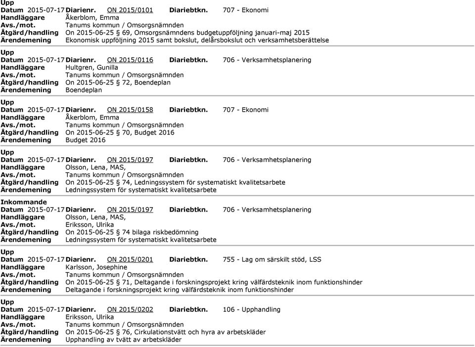 verksamhetsberättelse Upp Datum 2015-07-17 Diarienr. ON 2015/0116 Diariebtkn. 706 - Verksamhetsplanering Handläggare Hultgren, Gunilla Avs./mot.