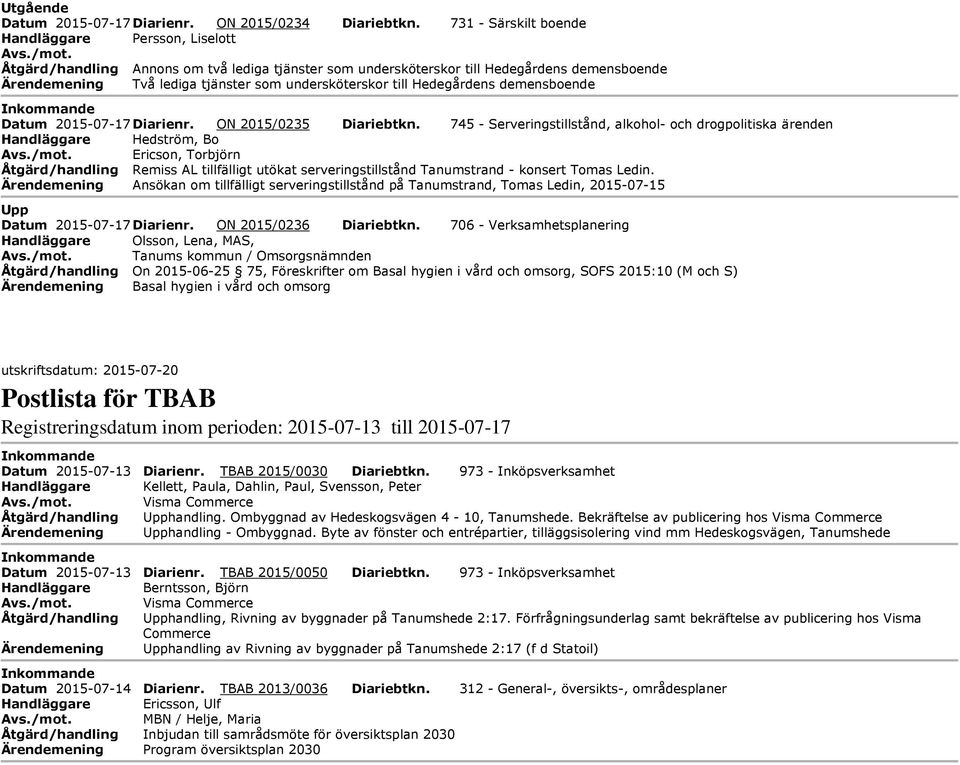 2015-07-17 Diarienr. ON 2015/0235 Diariebtkn. 745 - Serveringstillstånd, alkohol- och drogpolitiska ärenden Handläggare Hedström, Bo Avs./mot.