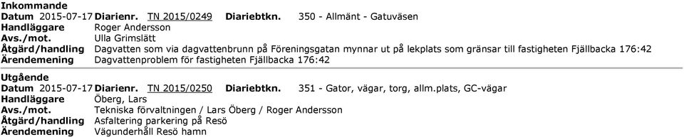 Ärendemening Dagvattenproblem för fastigheten Fjällbacka 176:42 Utgående Datum 2015-07-17 Diarienr. TN 2015/0250 Diariebtkn.