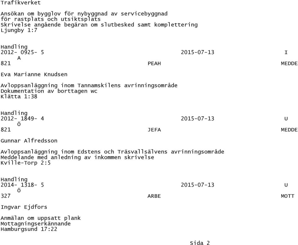 Klätta 1:38 2012-1849- 4 2015-07-13 U 821 JEFA MEDDE Gunnar Alfredsson Avloppsanläggning inom Edstens och Träsvallsälvens avrinningsområde Meddelande med