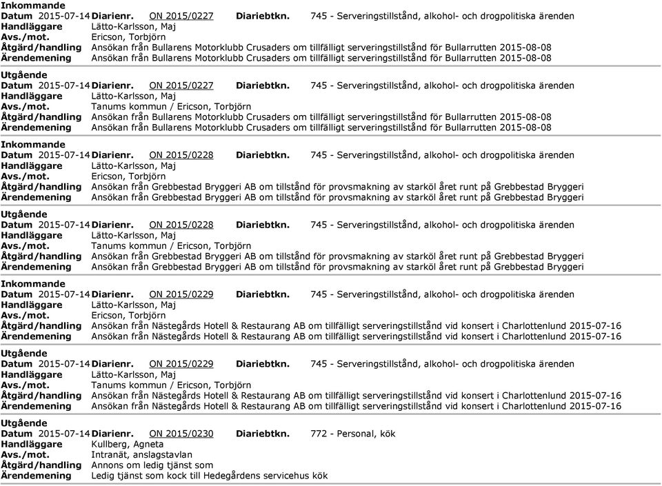 om tillfälligt serveringstillstånd för Bullarrutten 2015-08-08 Utgående Datum 2015-07-14 Diarienr. ON 2015/0227 Diariebtkn.