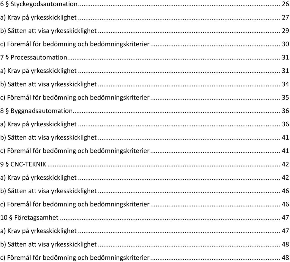 .. 36 b) Sätten att visa yrkesskicklighet... 41 c) Föremål för bedömning och bedömningskriterier... 41 9 CNC-TEKNIK... 42 a) Krav på yrkesskicklighet... 42 b) Sätten att visa yrkesskicklighet.