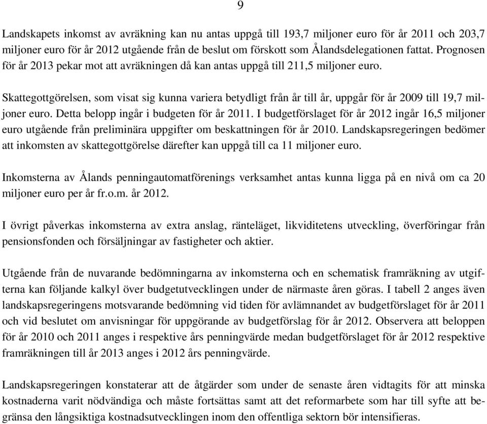 Skattegottgörelsen, som visat sig kunna variera betydligt från år till år, uppgår för år 2009 till 19,7 miljoner euro. Detta belopp ingår i budgeten för år 2011.