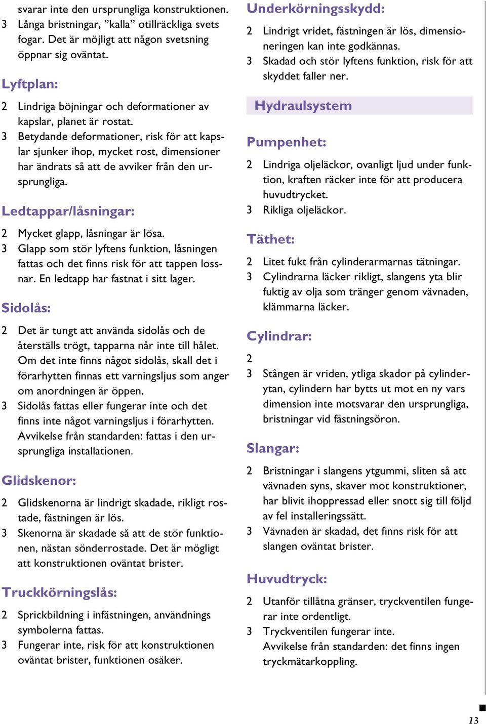 Betydande deformationer, risk för att kapslar sjunker ihop, mycket rost, dimensioner har ändrats så att de avviker från den ursprungliga. Ledtappar/låsningar: 2 Mycket glapp, låsningar är lösa.