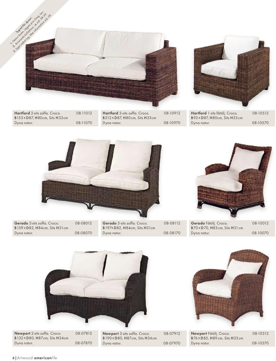 08-10570 Gerado 2-sits soffa. Croco. 08-08012 B159 x D82, H84cm, Sits H31cm Dyna natur. 08-08070 Gerado 3-sits soffa. Croco. 08-08112 B197x D82, H84cm, Sits H31cm Dyna natur. 08-08170 Gerado Fåtölj.