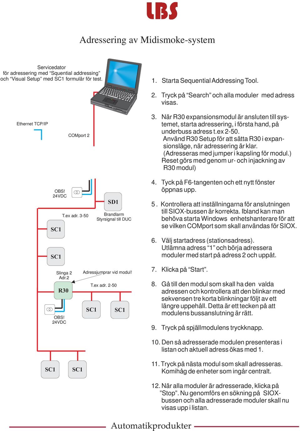 Använd R30 Setup för att sätta R30 i expansionsläge, när adressering är klar. (Adresseras med jumper i kapsling för modul.) Reset görs med genom ur- och injackning av R30 modul) OBS! 24VDC SC1 SC1 T.