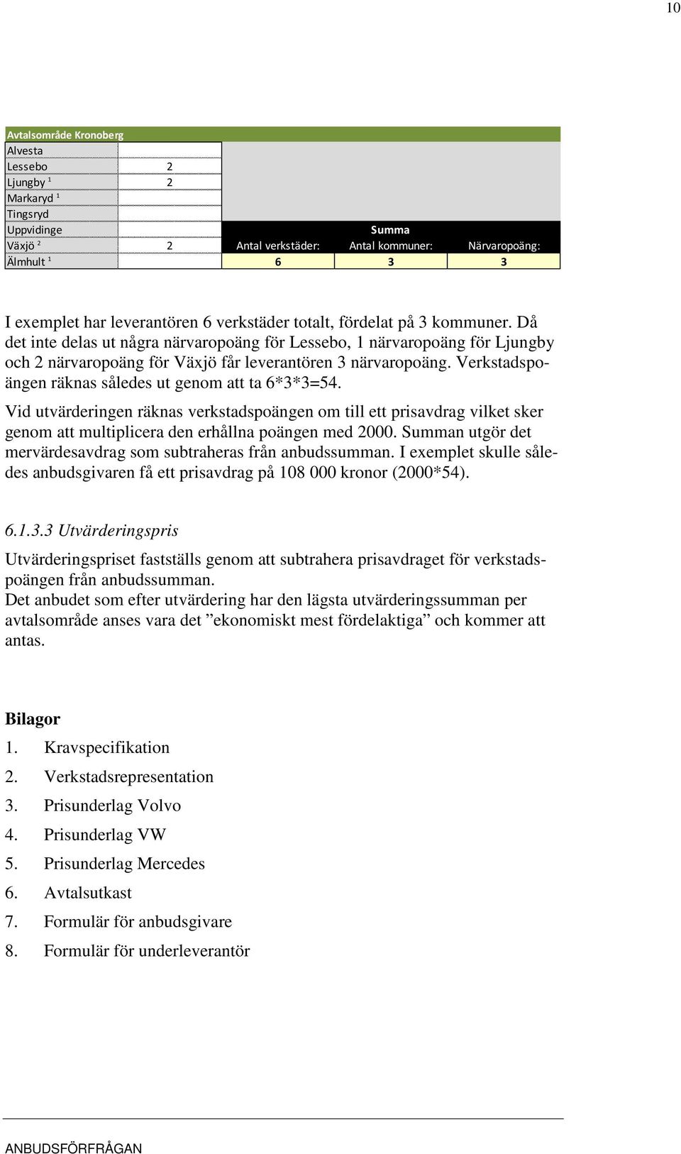 Verkstadspoängen räknas således ut genom att ta 6*3*3=54. Vid utvärderingen räknas verkstadspoängen om till ett prisavdrag vilket sker genom att multiplicera den erhållna poängen med 2000.