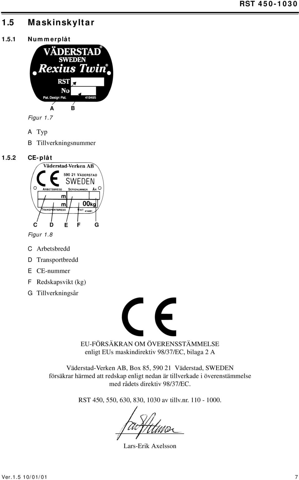 maskindirektiv 98/37/EC, bilaga 2 A Väderstad-Verken AB, Box 85, 590 21 Väderstad, SWEDEN försäkrar härmed att redskap enligt nedan