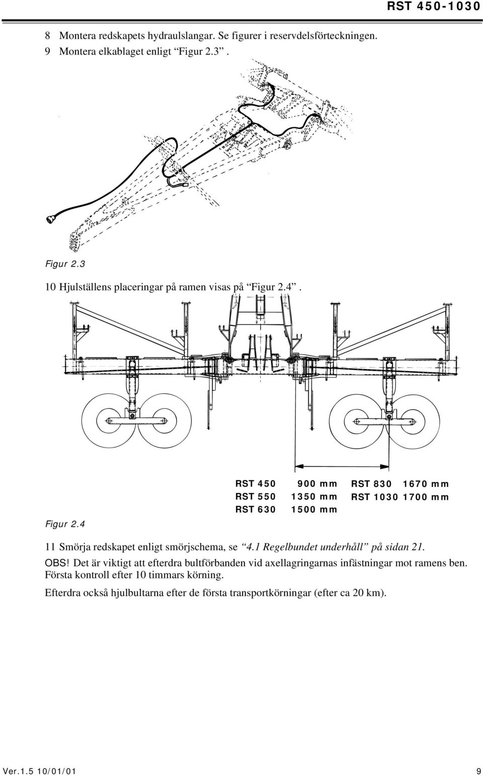 RST 450 900 mm RST 830 1670 mm RST 550 1350 mm RST 1030 1700 mm RST 630 1500 mm Figur 2.4 11 Smörja redskapet enligt smörjschema, se 4.