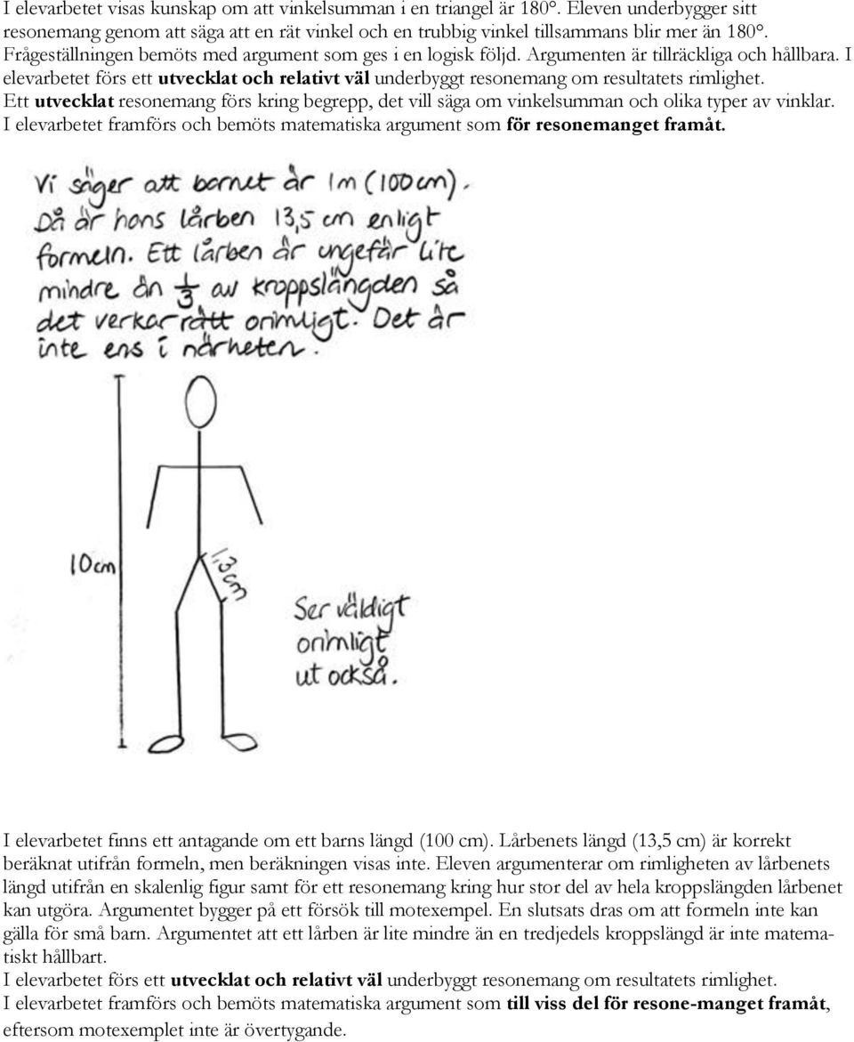 I elevarbetet förs ett utvecklat och relativt väl underbyggt resonemang om resultatets rimlighet. Ett utvecklat resonemang förs kring begrepp, det vill säga om vinkelsumman och olika typer av vinklar.