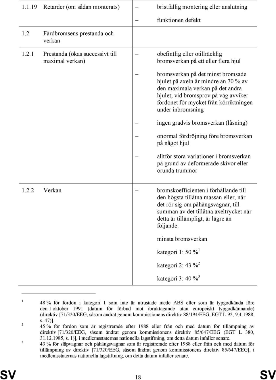 1 Prestanda (ökas successivt till maximal verkan) obefintlig eller otillräcklig bromsverkan på ett eller flera hjul bromsverkan på det minst bromsade hjulet på axeln är mindre än 70 % av den maximala