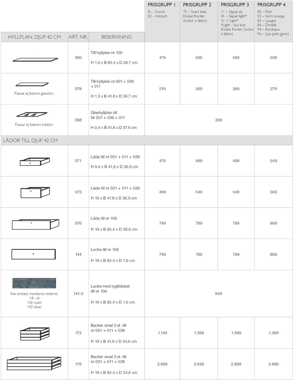 269 lådor till DJUP CM 88 71 73 9,4 071 073 076 144 Låda till nr 001 + 011 + 0 H 9,4 x B x D 36,6 cm Låda till nr 001 + 011 + 0 H x B x D 36,6 cm Låda till nr 106 H x B x D 36,6 cm Lucka till nr 106