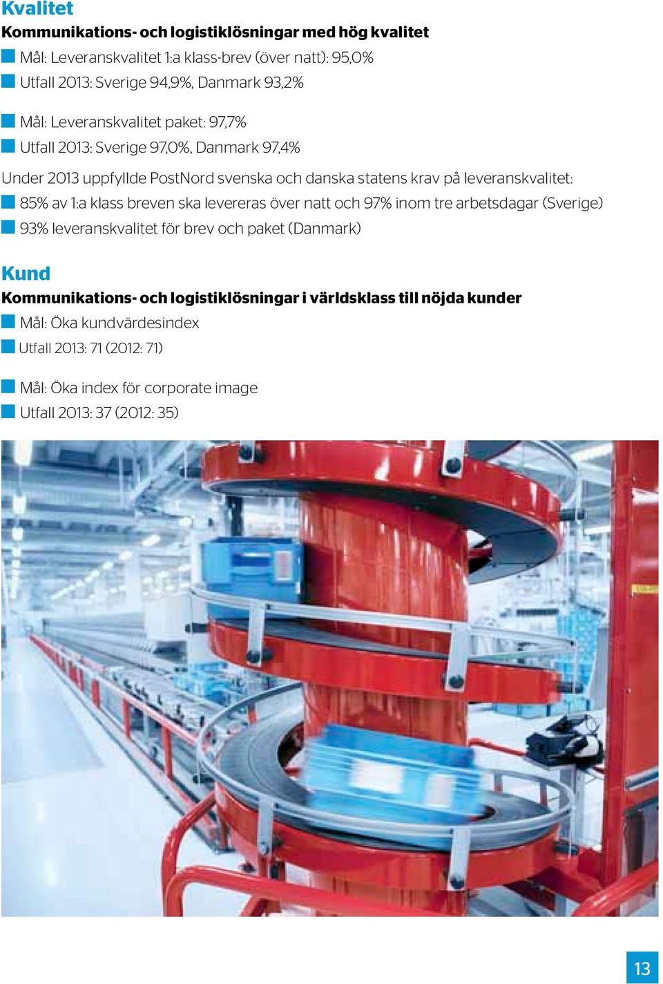 85% av 1:a klass breven ska levereras över natt och 97% inom tre arbetsdagar (Sverige) 93% leveranskvalitet för brev och paket (Danmark) Kund Kommunikations- och