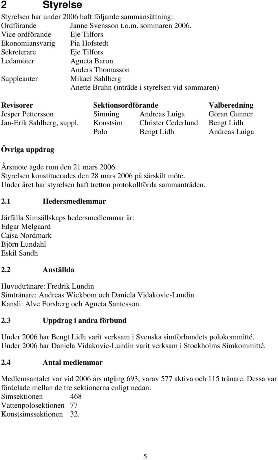 Revisorer Sektionsordförande Valberedning Jesper Pettersson Simning Andreas Luiga Göran Gunner Jan-Erik Sahlberg, suppl.