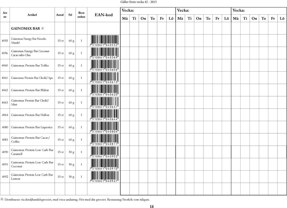 g 1 *7310861040637* 4064 Gainomax Protein Bar Hallon 15 st 60 g 1 *7310861040644* 4080 Gainomax Protein Bar Liquorice 15 st 60 g 1 *7310861040804* 4081 4090 4091 4092 Gainomax Protein Bar Cacao/