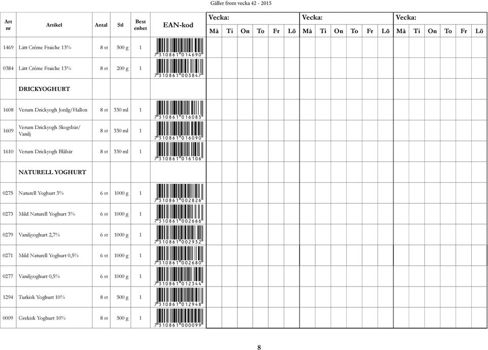 3% 6 st 1000 g 1 *7310861002826* 0273 Mild Naturell Yoghurt 3% 6 st 1000 g 1 *7310861002666* 0279 Vaniljyoghurt 2,7% 6 st 1000 g 1 *7310861002932* 0271 Mild Naturell Yoghurt 0,5% 6