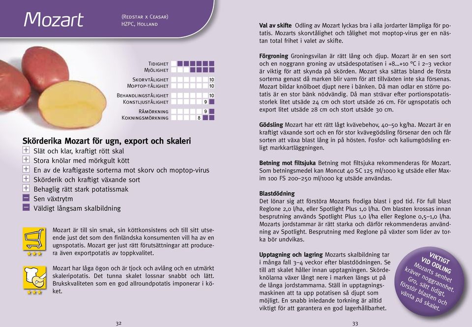 Skörderika Mozart för ugn, export och skaleri Slät och klar, kraftigt rött skal Stora knölar med mörkgult kött En av de kraftigaste sorterna mot skorv och moptop-virus Skörderik och kraftigt växande