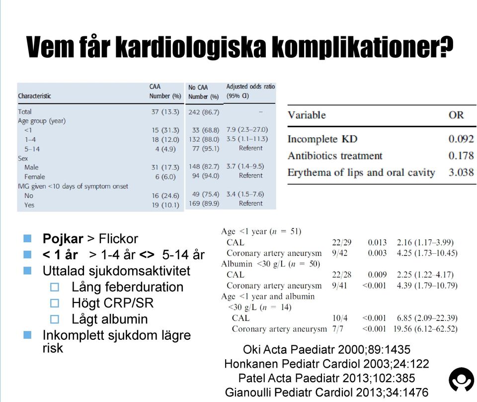 feberduration Högt CRP/SR Lågt albumin Inkomplett sjukdom lägre risk Oki Acta