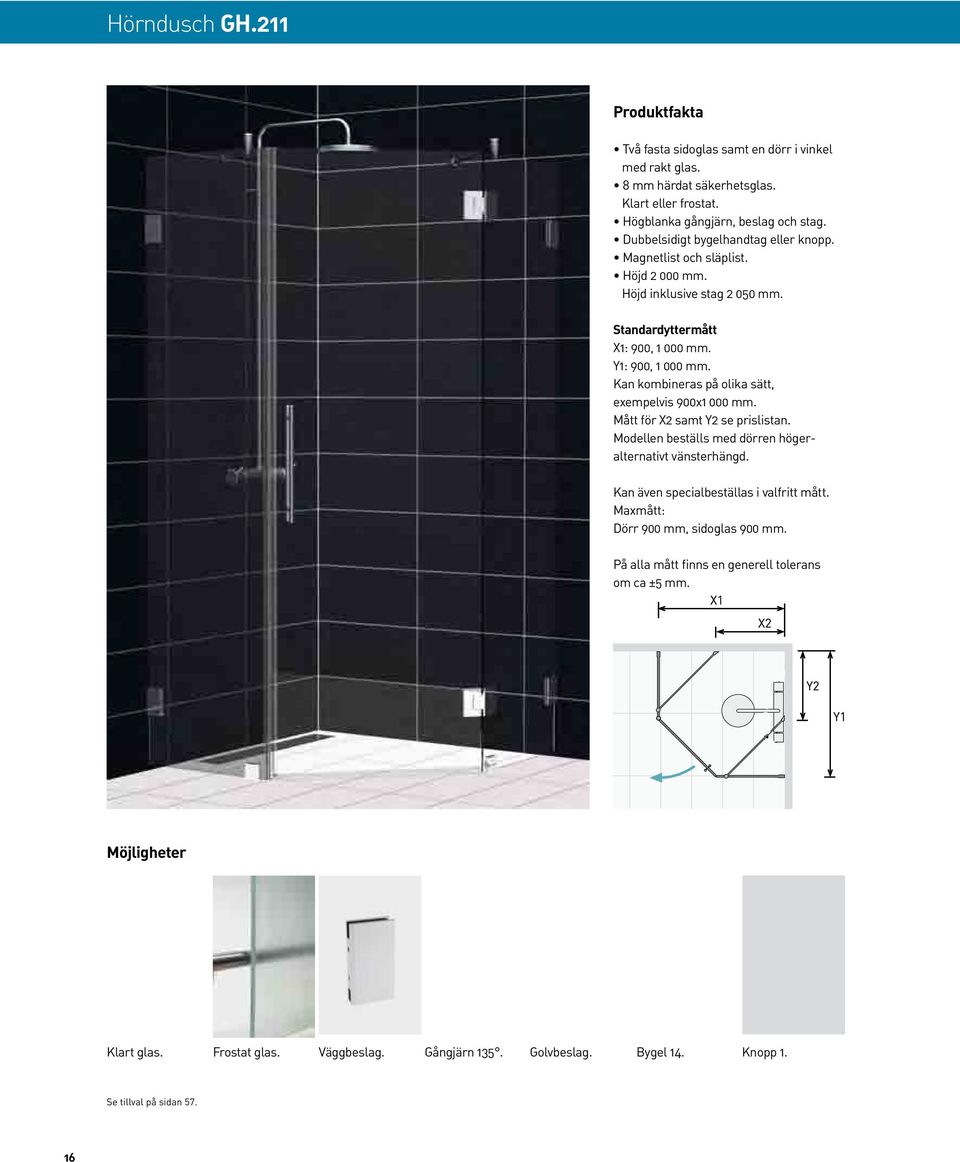 Kan kombineras på olika sätt, exempelvis 900x1 000 mm. Mått för X2 samt Y2 se prislistan. Modellen beställs med dörren högeralternativt vänsterhängd.