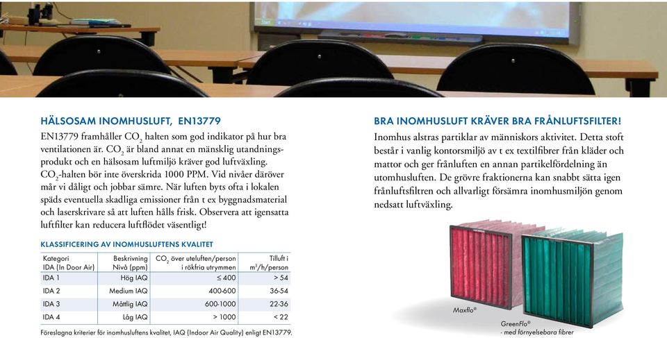 När luften byts ofta i lokalen späds eventuella skadliga emissioner från t ex byggnad s material och laserskrivare så att luften hålls frisk.