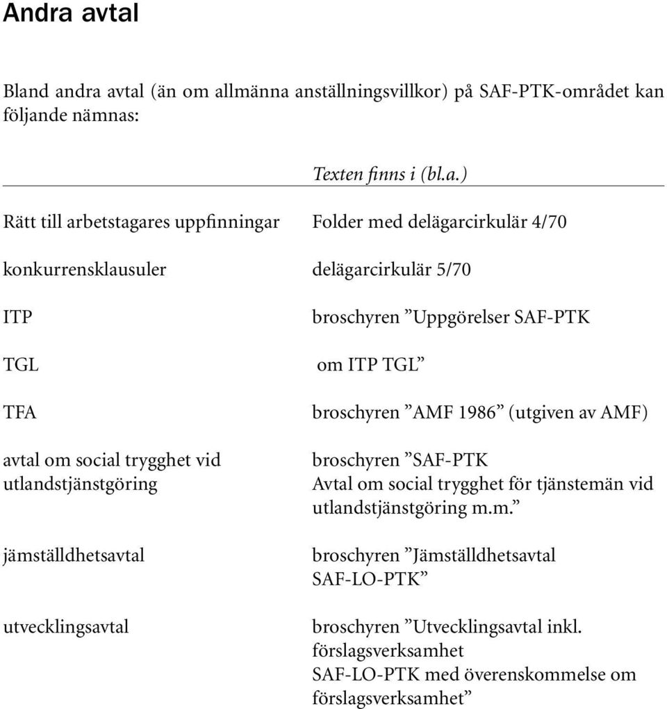 Folder med delägarcirkulär 4/70 konkurrensklausuler delägarcirkulär 5/70 ITP TGL TFA avtal om social trygghet vid utlandstjänstgöring jämställdhetsavtal