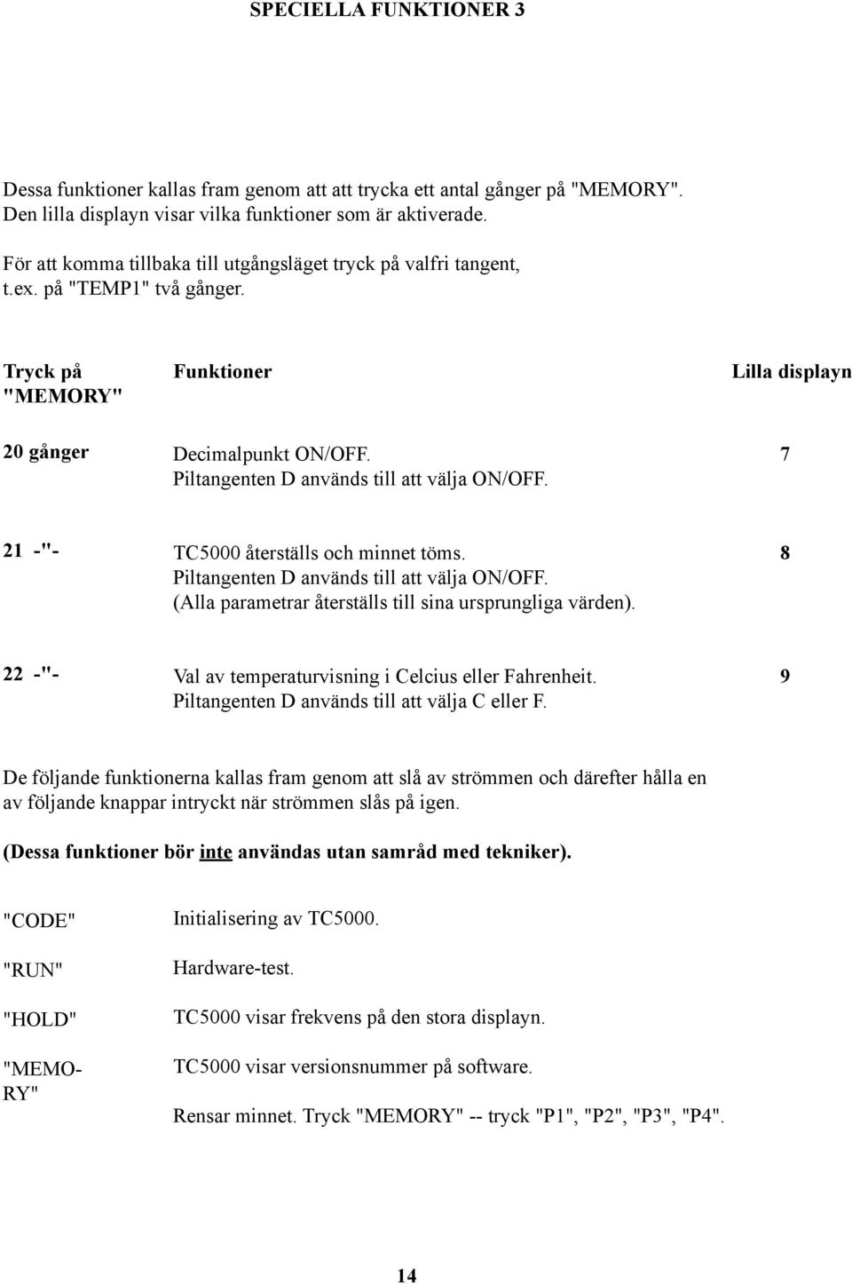 Piltangenten D används till att välja ON/OFF. 7 21 -"- TC5000 återställs och minnet töms. Piltangenten D används till att välja ON/OFF. (Alla parametrar återställs till sina ursprungliga värden).