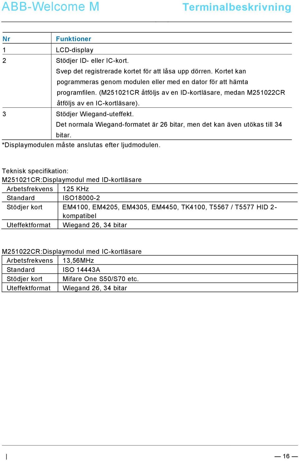 Det normala Wiegand-formatet är 26 bitar, men det kan även utökas till 34 bitar. *Displaymodulen måste anslutas efter ljudmodulen.