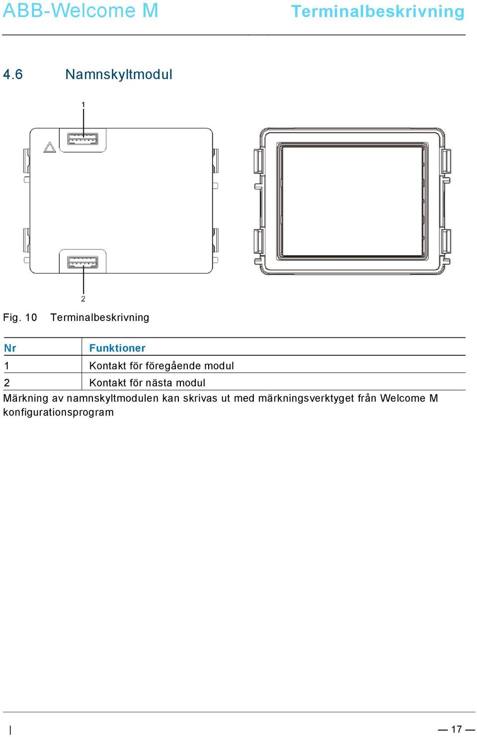 10 Terminalbeskrivning Nr Funktioner 1 Kontakt för föregående modul 2 Kontakt för nästa