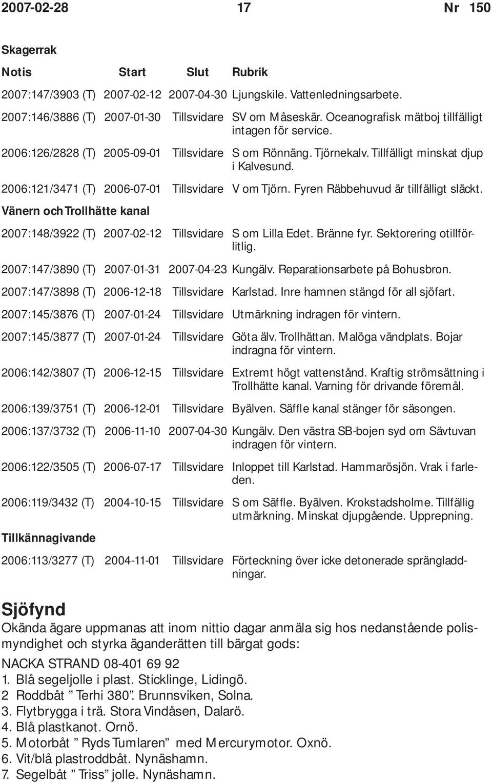 2006:121/3471 (T) 2006-07-01 Tillsvidare V om Tjörn. Fyren Räbbehuvud är tillfälligt släckt. Vänern och Trollhätte kanal 2007:148/3922 (T) 2007-02-12 Tillsvidare S om Lilla Edet. Bränne fyr.