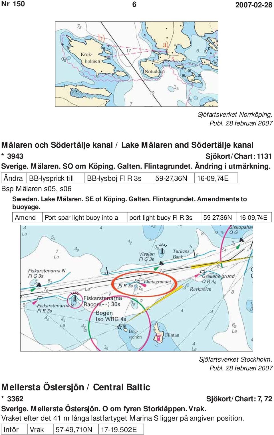 Amend Port spar light-buoy into a port light-buoy Fl R 3s 59-27,36N 16-09,74E Sjöfartsverket Stockholm. Publ.