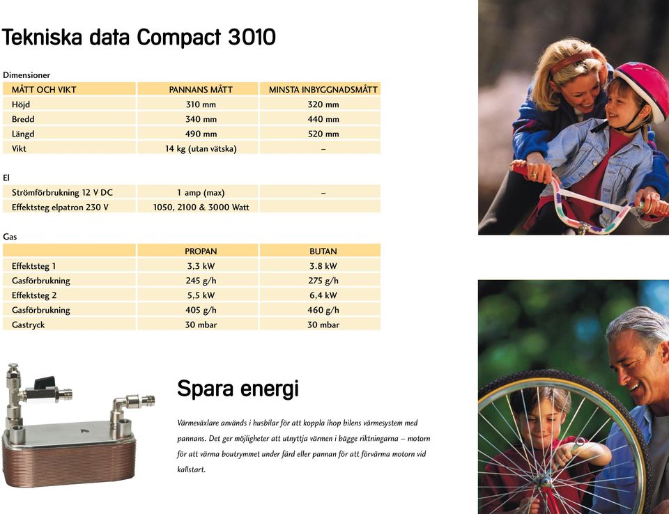 8 kw Gasförbrukning 245 g/h 275 g/h Effektsteg 2 5,5 kw 6,4 kw Gasförbrukning 405 g/h 460 g/h Gastryck 30 mbar 30 mbar Spara energi Värmeväxlare används i husbilar för