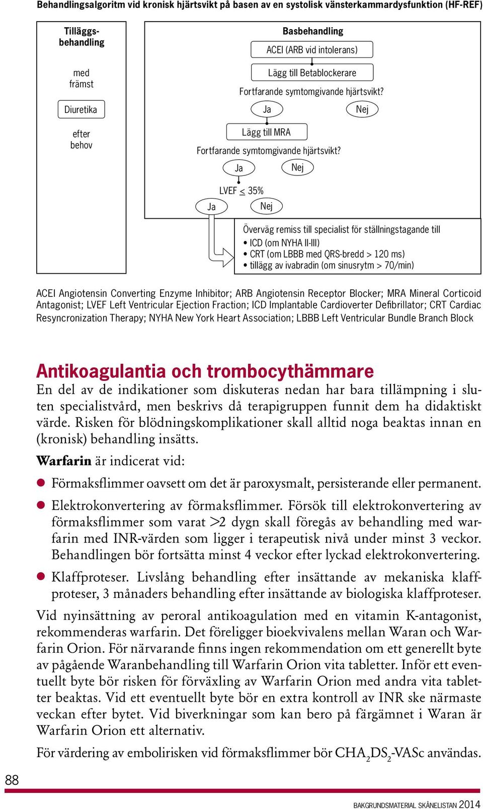 Ja Nej LVEF < 35% Ja Nej Överväg remiss till specialist för ställningstagande till ICD (om NYHA II-III) CRT (om LBBB med QRS-bredd > 120 ms) tillägg av ivabradin (om sinusrytm > 70/min) ACEI