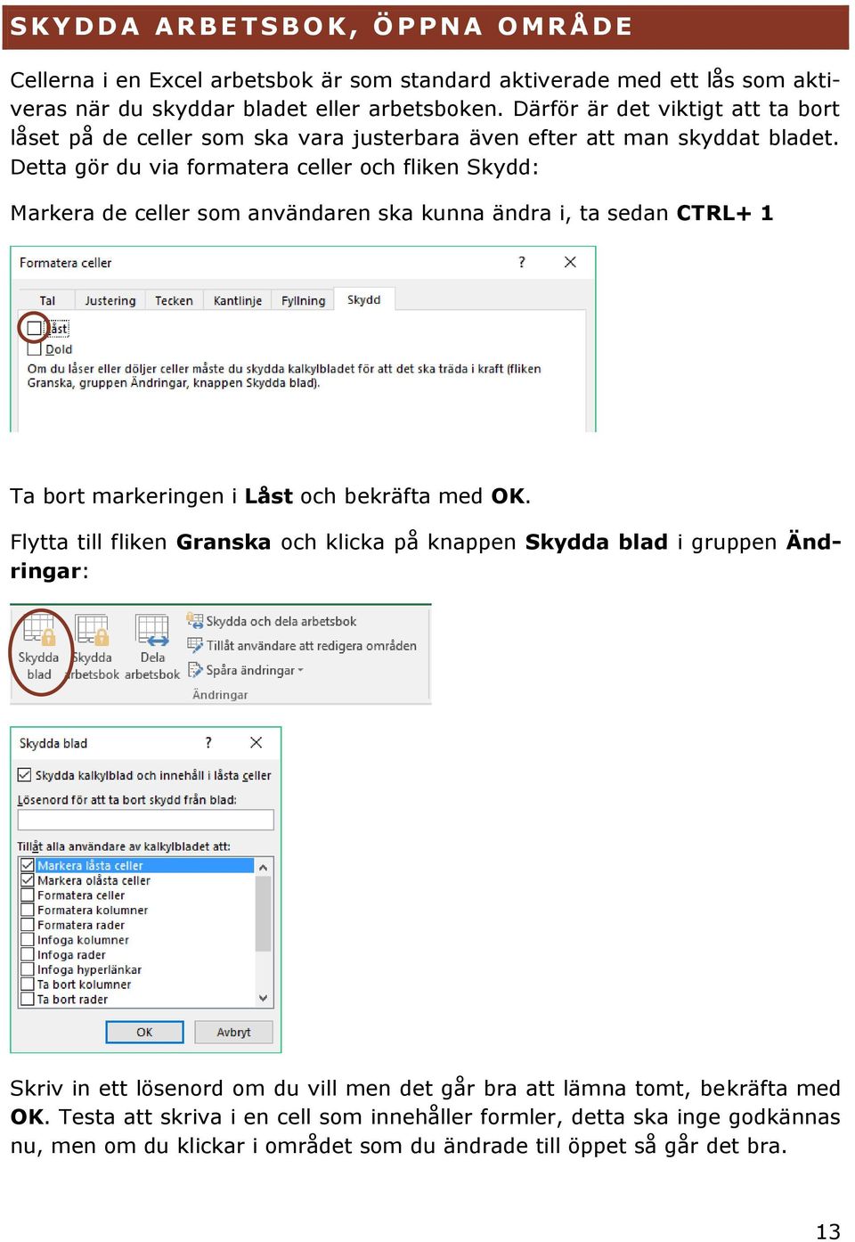 Detta gör du via formatera celler och fliken Skydd: Markera de celler som användaren ska kunna ändra i, ta sedan CTRL+ 1 Ta bort markeringen i Låst och bekräfta med OK.