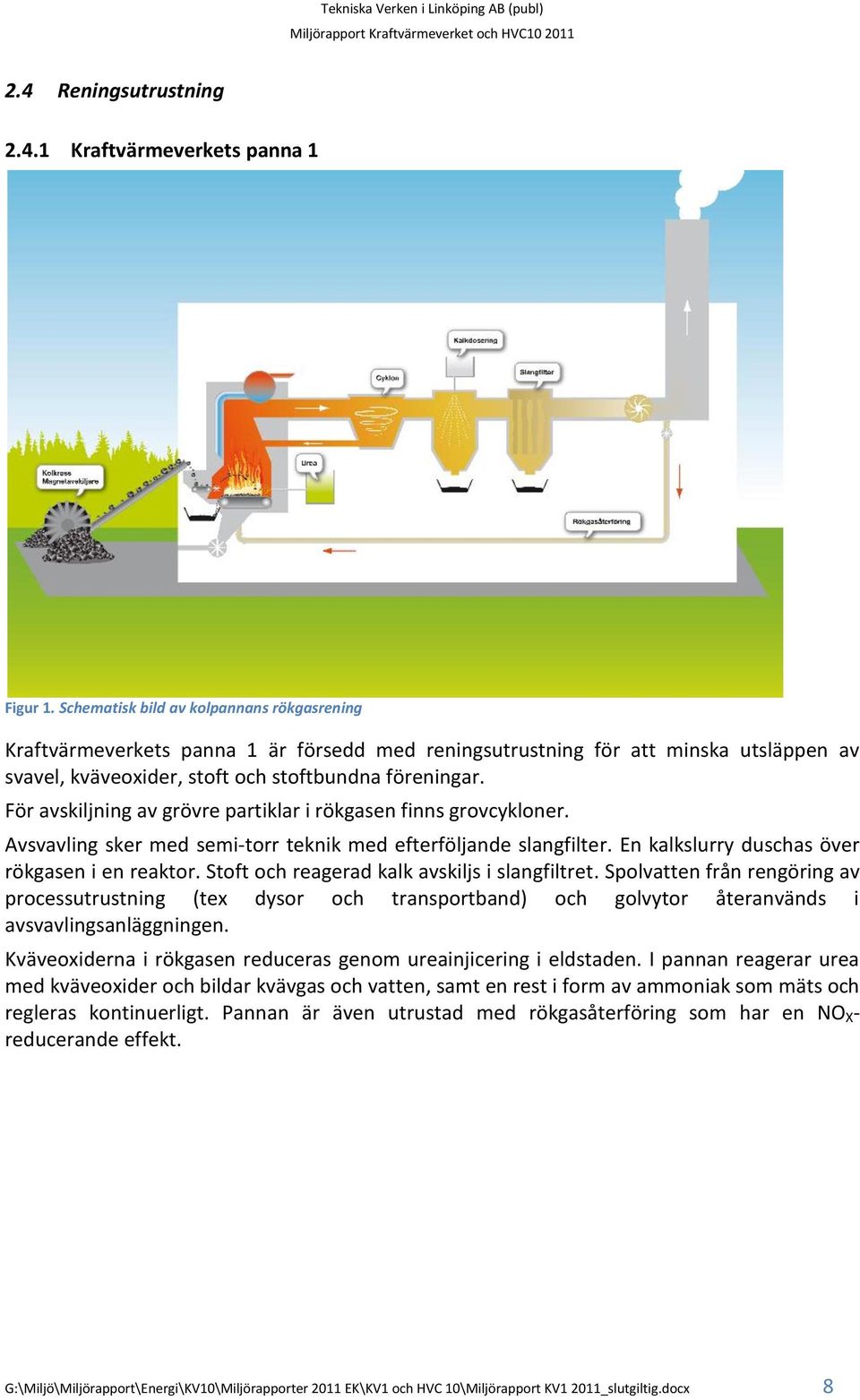 För avskiljning av grövre partiklar i rökgasen finns grovcykloner. Avsvavling sker med semi-torr teknik med efterföljande slangfilter. En kalkslurry duschas över rökgasen i en reaktor.
