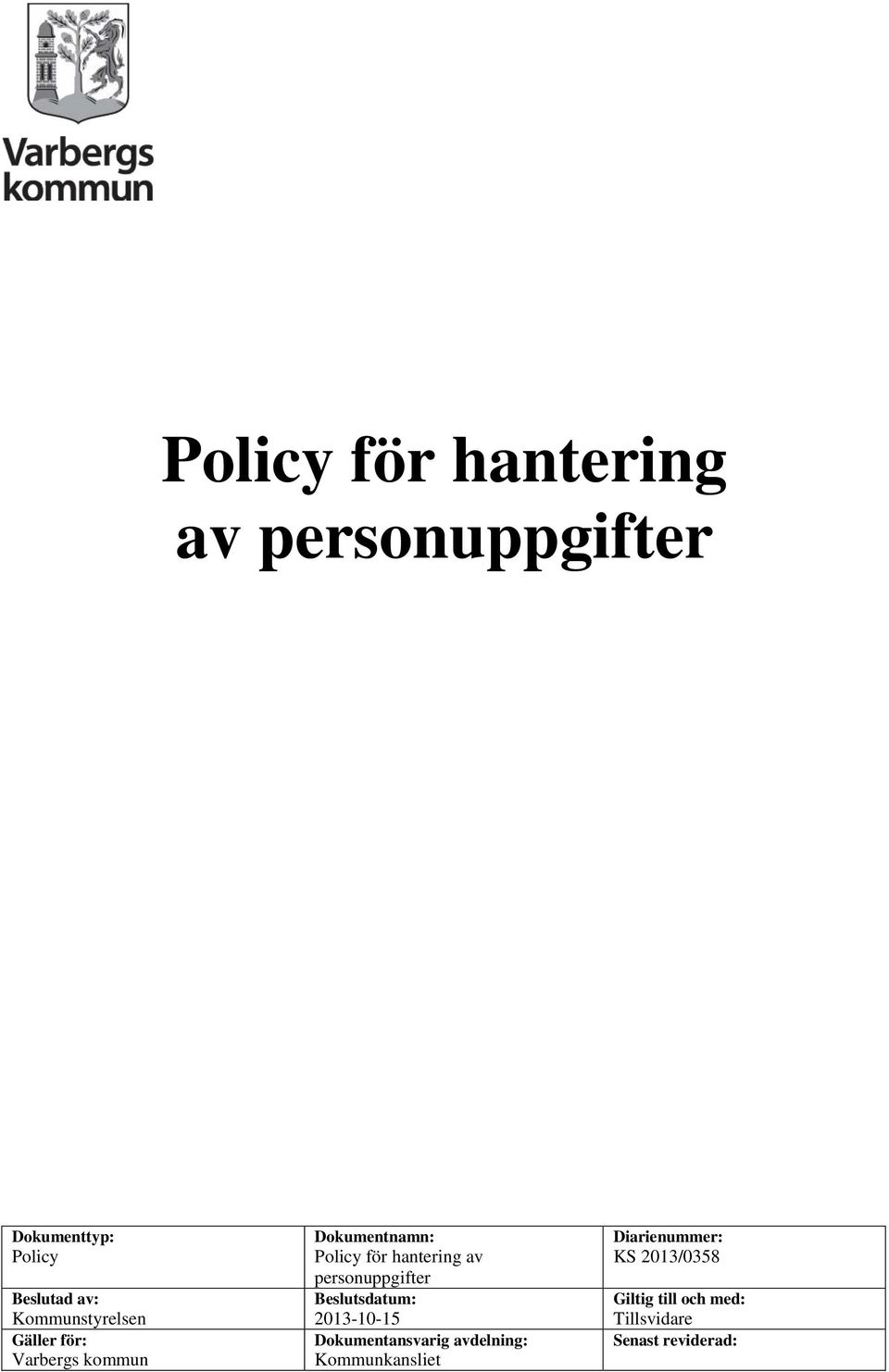 av personuppgifter Beslutsdatum: 2013-10-15 Dokumentansvarig avdelning: