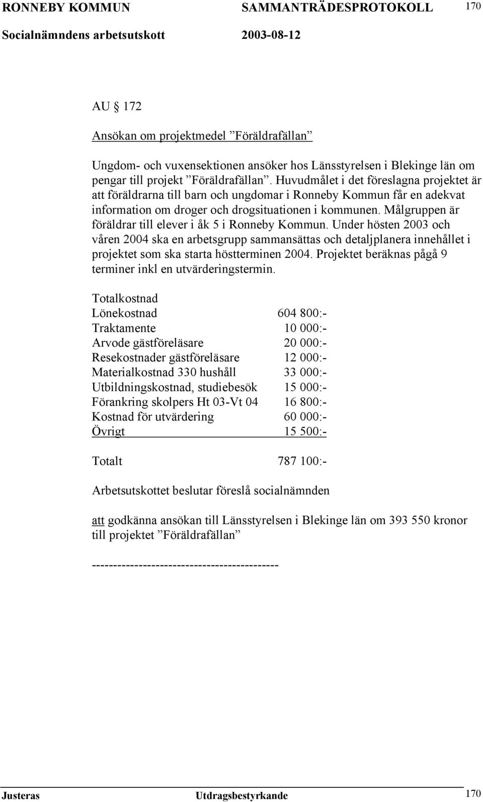 Målgruppen är föräldrar till elever i åk 5 i Ronneby Kommun. Under hösten 2003 och våren 2004 ska en arbetsgrupp sammansättas och detaljplanera innehållet i projektet som ska starta höstterminen 2004.