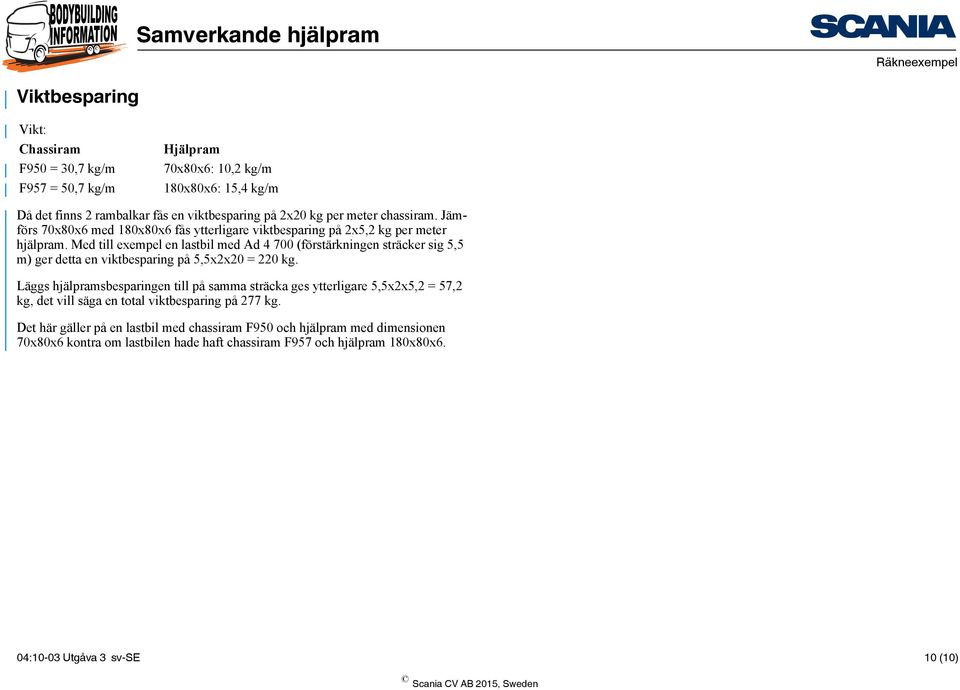 Med till exempel en lastbil med Ad 4 700 (förstärkningen sträcker sig 5,5 m) ger detta en viktbesparing på 5,5x2x20 = 220 kg.