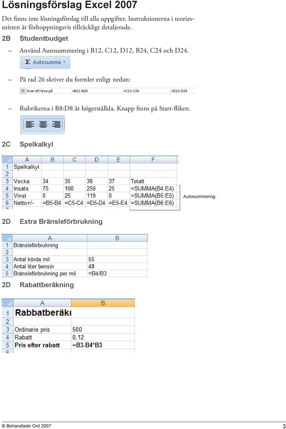 2B Studentbudget Använd Autosummering i B12, C12, D12, B24, C24 och D24.