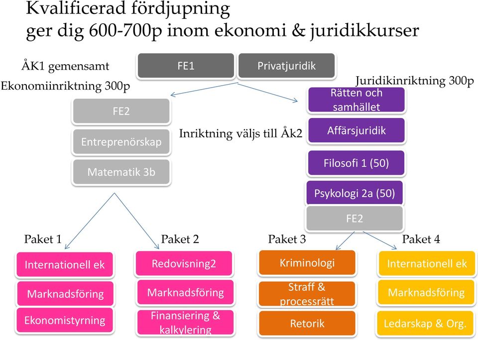 Affärsjuridik Filosofi 1 (50) Psykologi 2a (50) Paket 1 Paket 2 Paket 3 Paket 4 FE2 Internationell ek Redovisning2 Kriminologi