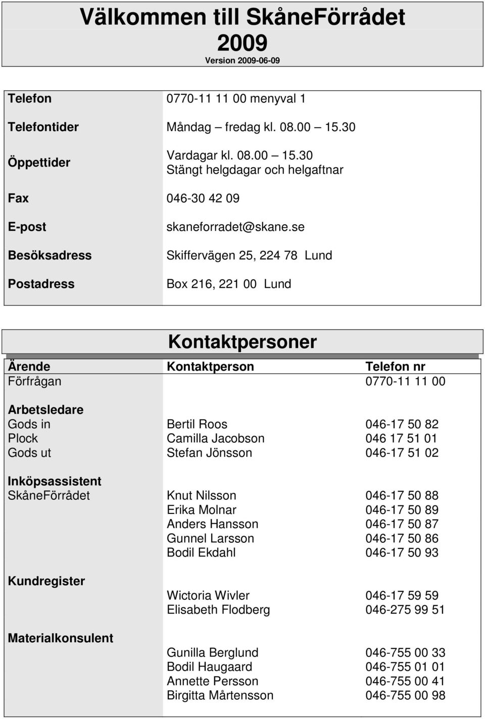 se Skiffervägen 25, 224 78 Lund Box 216, 221 00 Lund Kontaktpersoner Ärende Kontaktperson Telefon nr Förfrågan 0770-11 11 00 Arbetsledare Gods in Bertil Roos 046-17 50 82 Plock Camilla Jacobson 046