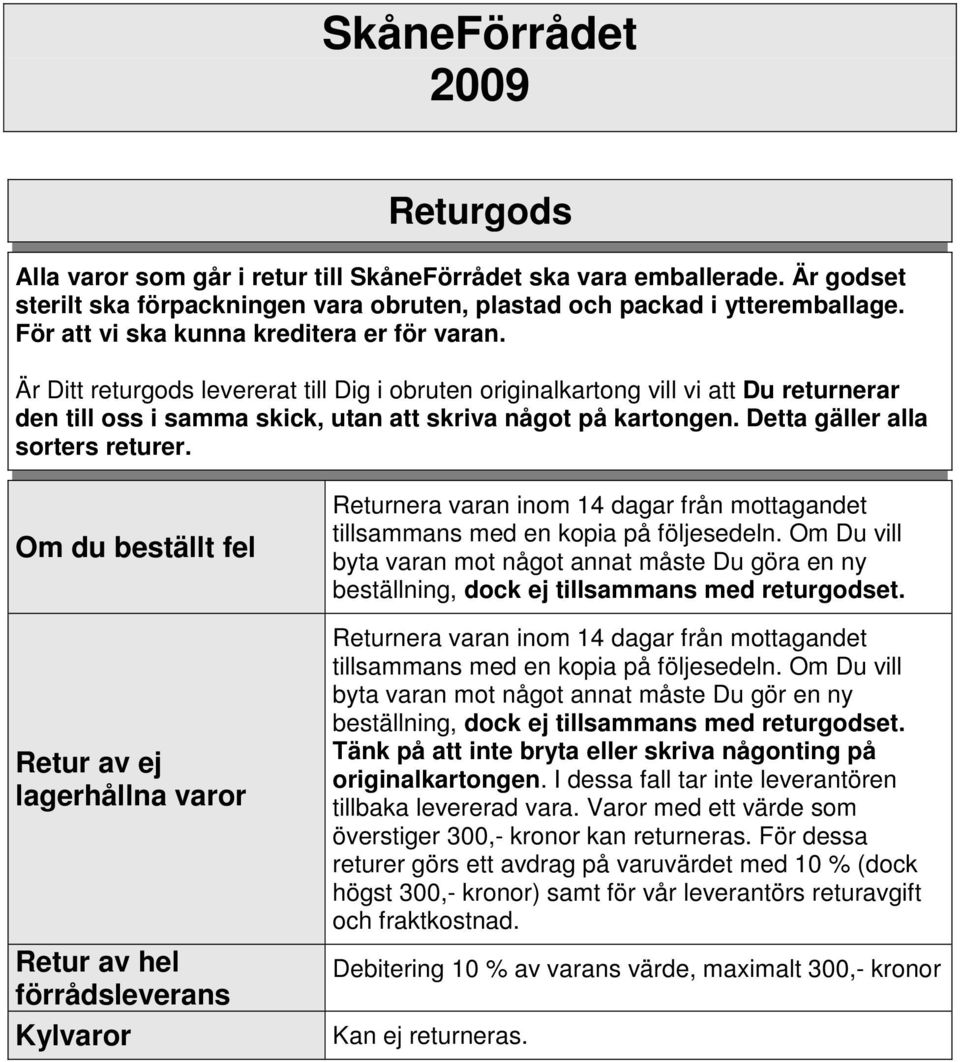 Detta gäller alla sorters returer.