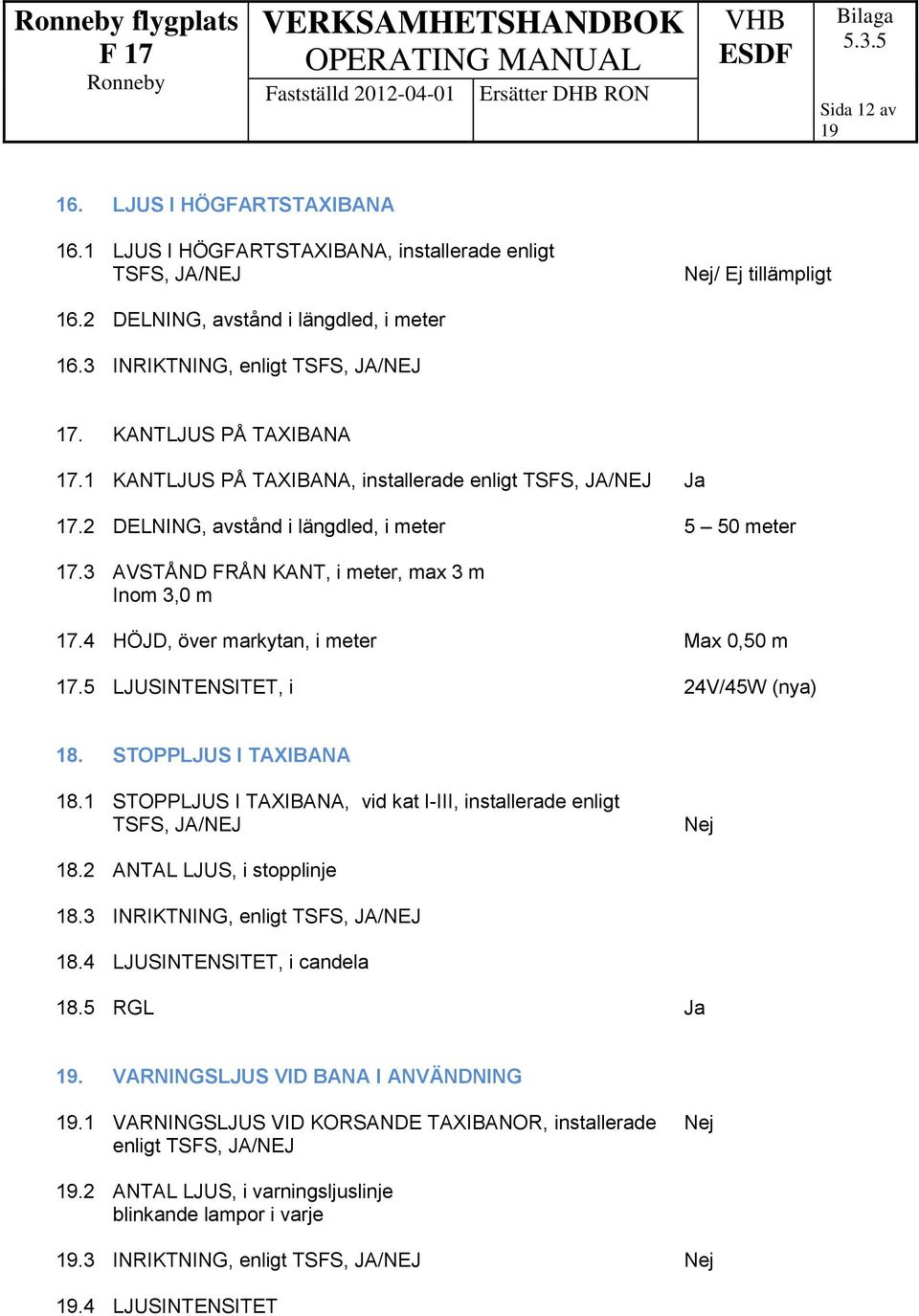 4 HÖJD, över markytan, i meter Max 0,50 m 17.5 LJUSINTENSITET, i 24V/45W (nya) 18. STOPPLJUS I TAXIBANA 18.1 STOPPLJUS I TAXIBANA, vid kat I-III, installerade enligt Nej 18.