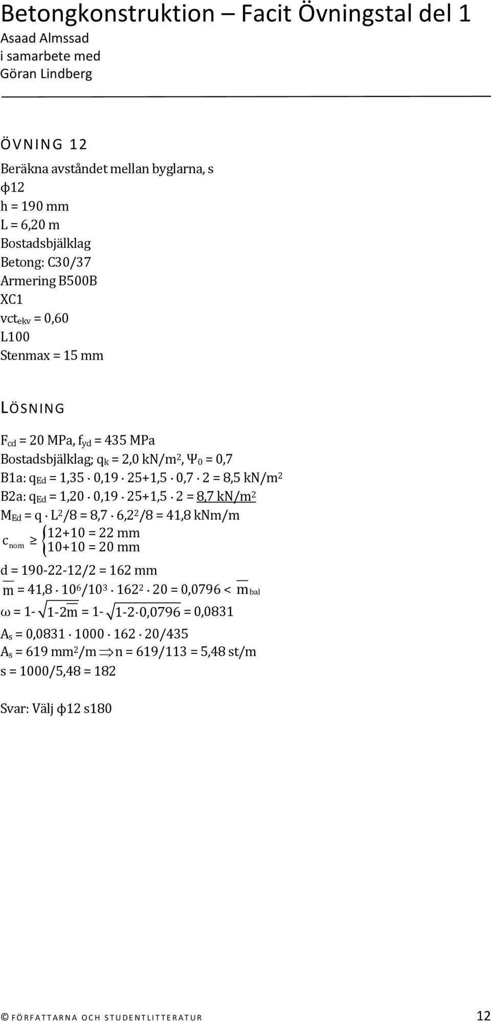 2 /8 = 8,7 6,2 2 /8 = 41,8 knm/m 12+10 = 22 mm c nom 10+10 = 20 mm d = 190 22 12/2 = 162 mm m = 41,8 10 6 /10 3 162 2 20 = 0,0796 < mbal ω = 1 1 2m = 1 1 2