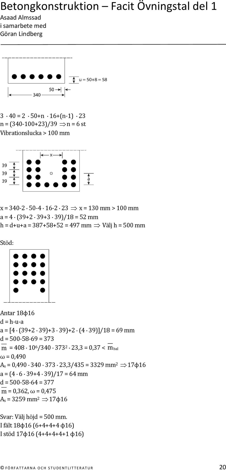 408 10 6 /340 373 2 23,3 = 0,37 < mbal ω = 0,490 A s = 0,490 340 373 23,3/435 = 3329 mm 2 17ϕ16 a = (4 6 39+4 39)/17 = 64 mm d = 500 58 64 = 377 m =