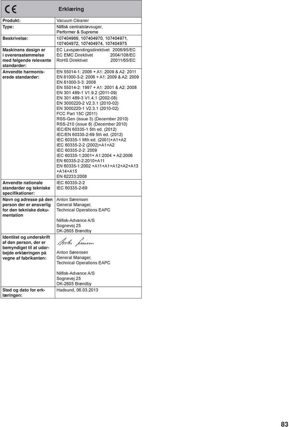 standarder og tekniske specifikationer: Navn og adresse på den person der er ansvarlig for den tekniske dokumentation Identitet og underskrift af den person, der er bemyndiget til at udarbejde