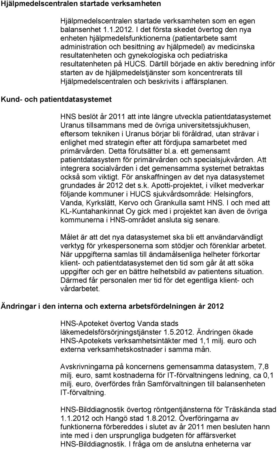 resultatenheten på HUCS. Därtill började en aktiv beredning inför starten av de hjälpmedelstjänster som koncentrerats till Hjälpmedelscentralen och beskrivits i affärsplanen.